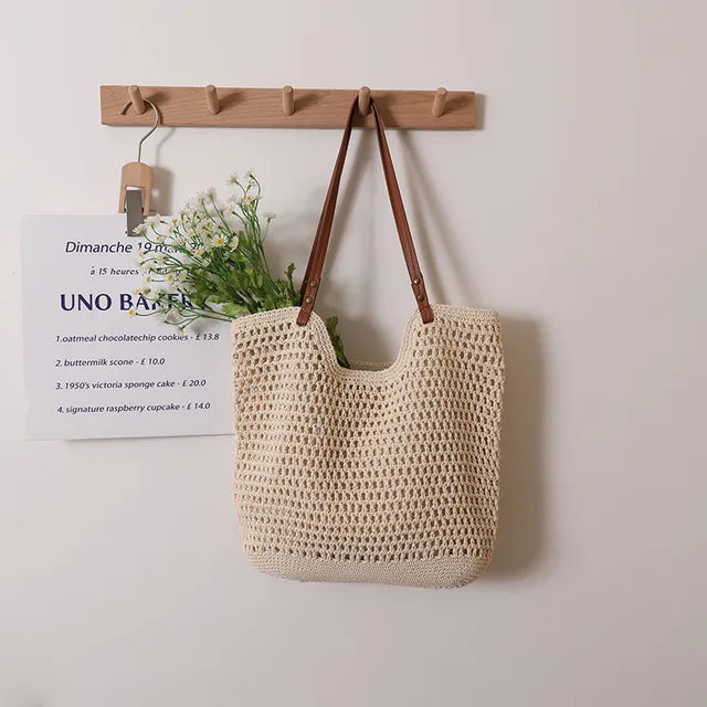 bags : WILMA - Dames Vintage Bohemian Stroh Schoudertas met Uitholling Ontwerp in Beige 40-32-2cm van Pantino