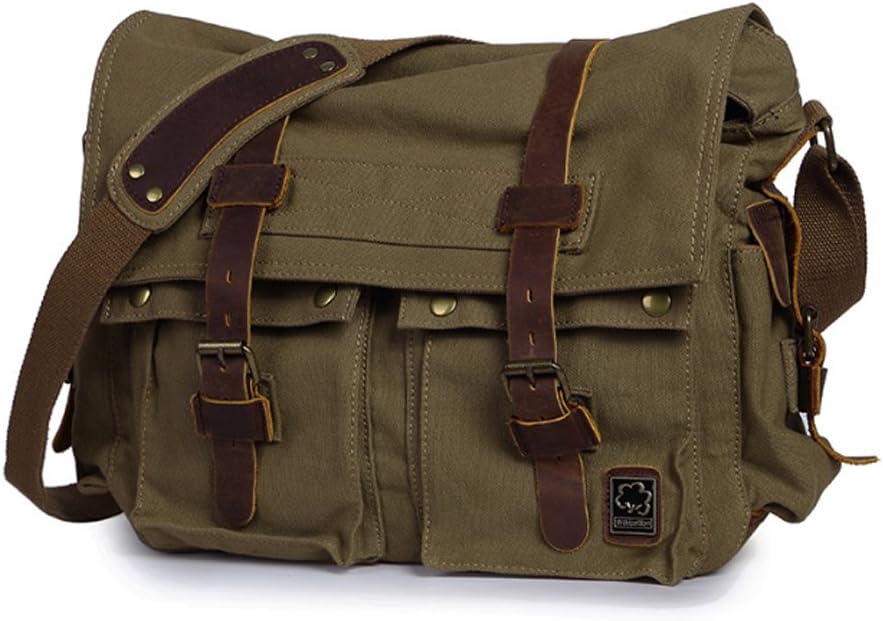 bags : Jonon Vintage Militaire Mannen Canvas Messenger Bag voor 13.3-17 inch Laptop (maat 14.7 inch, groen), Groen in van Pantino