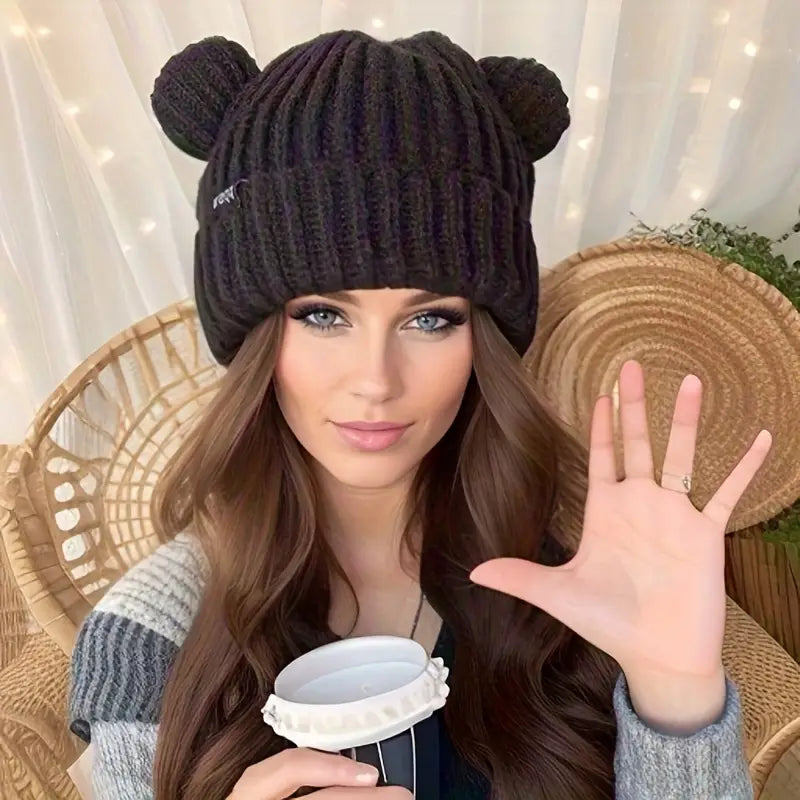 accessories : Gebreide muts met kattenoortjes in Zwart van Pantino