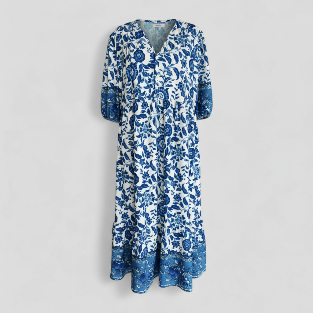Women Set : Micola | Dames Elegante Zomerjurk met Bloemenprint in Blauw van Pantino