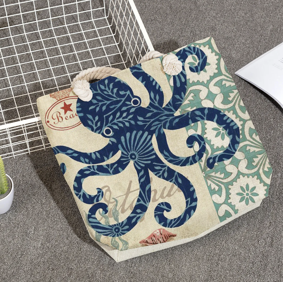 bags : SeaLife - Linnen Strandtas voor dames, schoudertas met dik touw in Octopus van Pantino