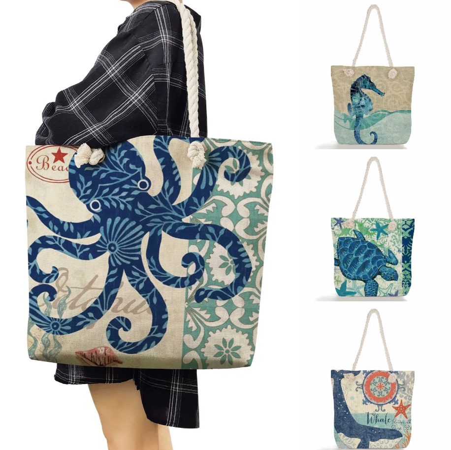 bags : SeaLife - Linnen Strandtas voor dames, schoudertas met dik touw in van Pantino