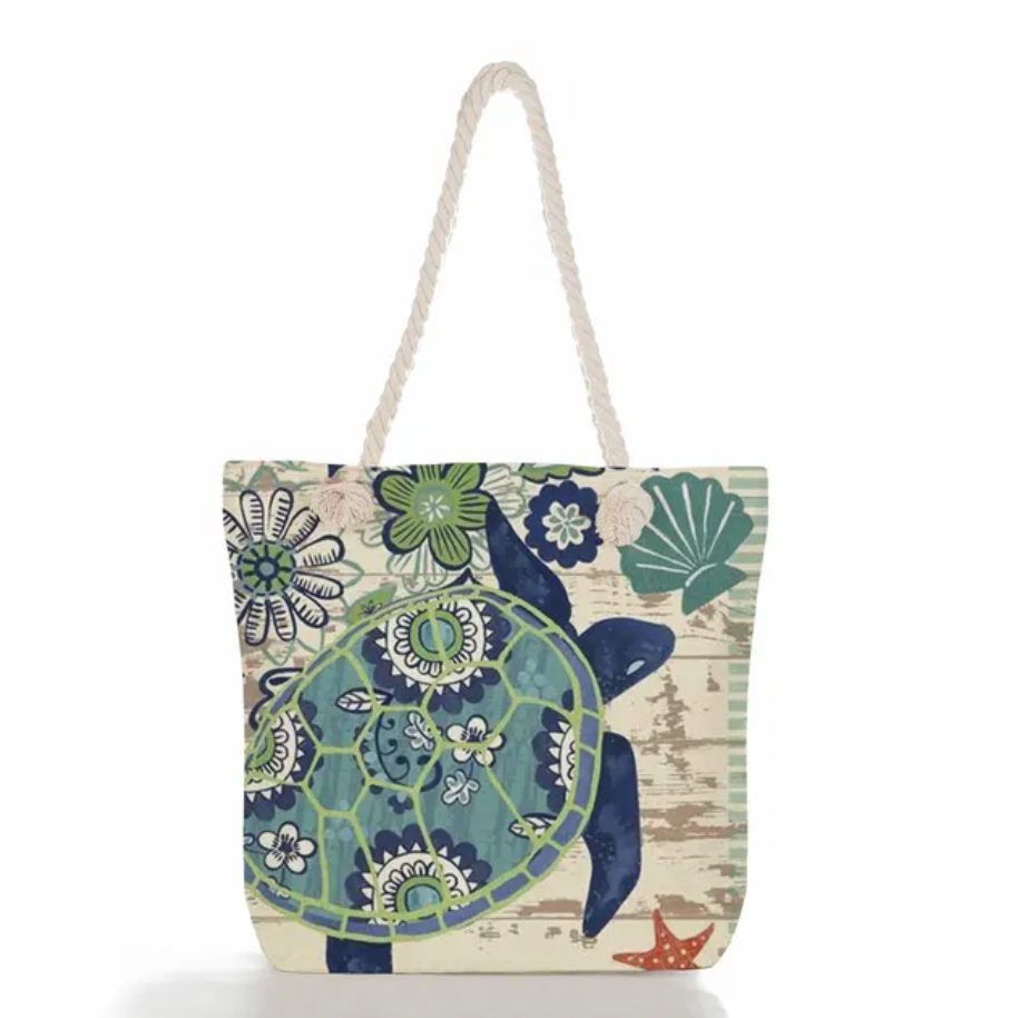 bags : SeaLife - Linnen Strandtas voor dames, schoudertas met dik touw in Blauwe schildpad van Pantino