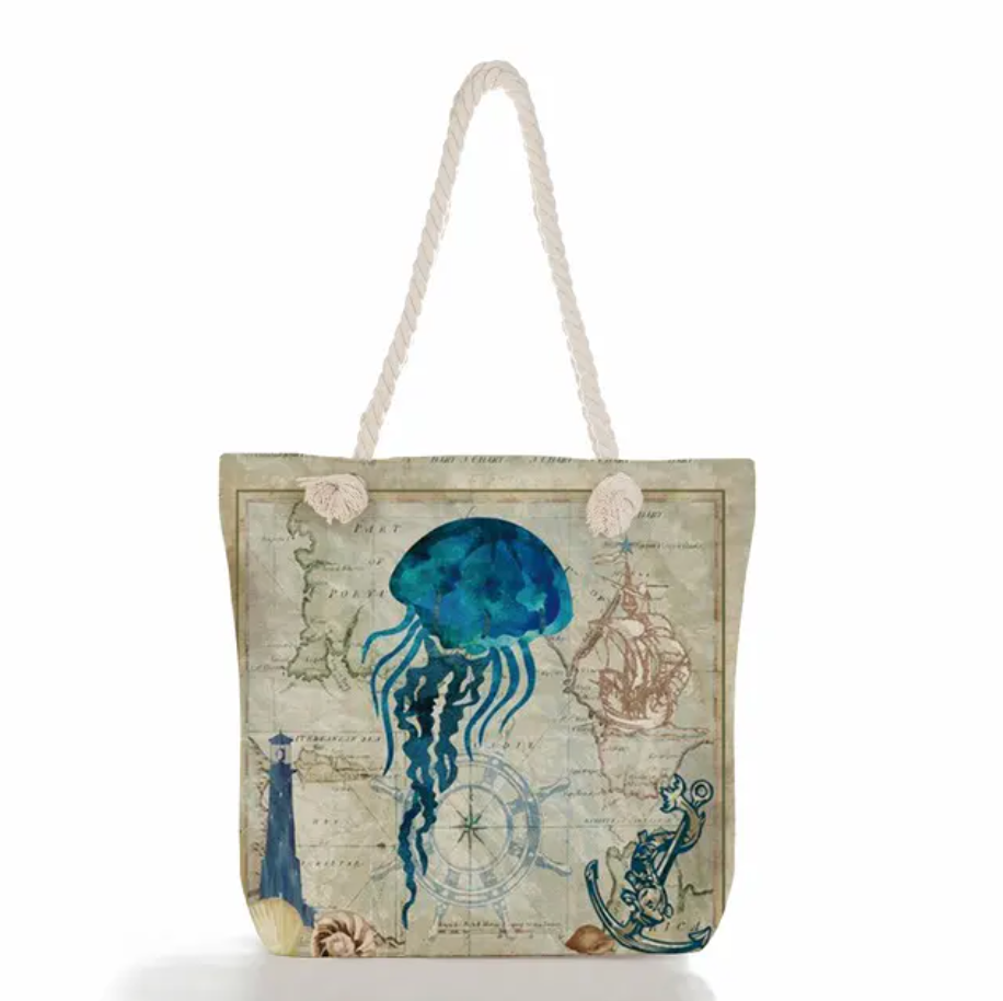 bags : SeaLife - Linnen Strandtas voor dames, schoudertas met dik touw in Kwallen van Pantino
