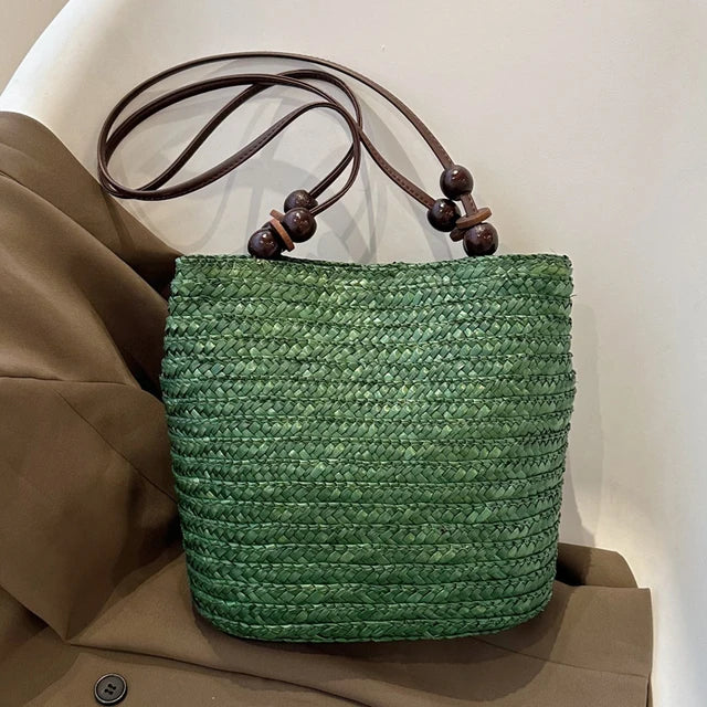 bags : LIESBETH - Bohemian Style Dames Grote Capaciteit Stro Schoudertas met Geweven Ontwerp en Kralen Decoratie in Groen 28x15x26cm van Pantino