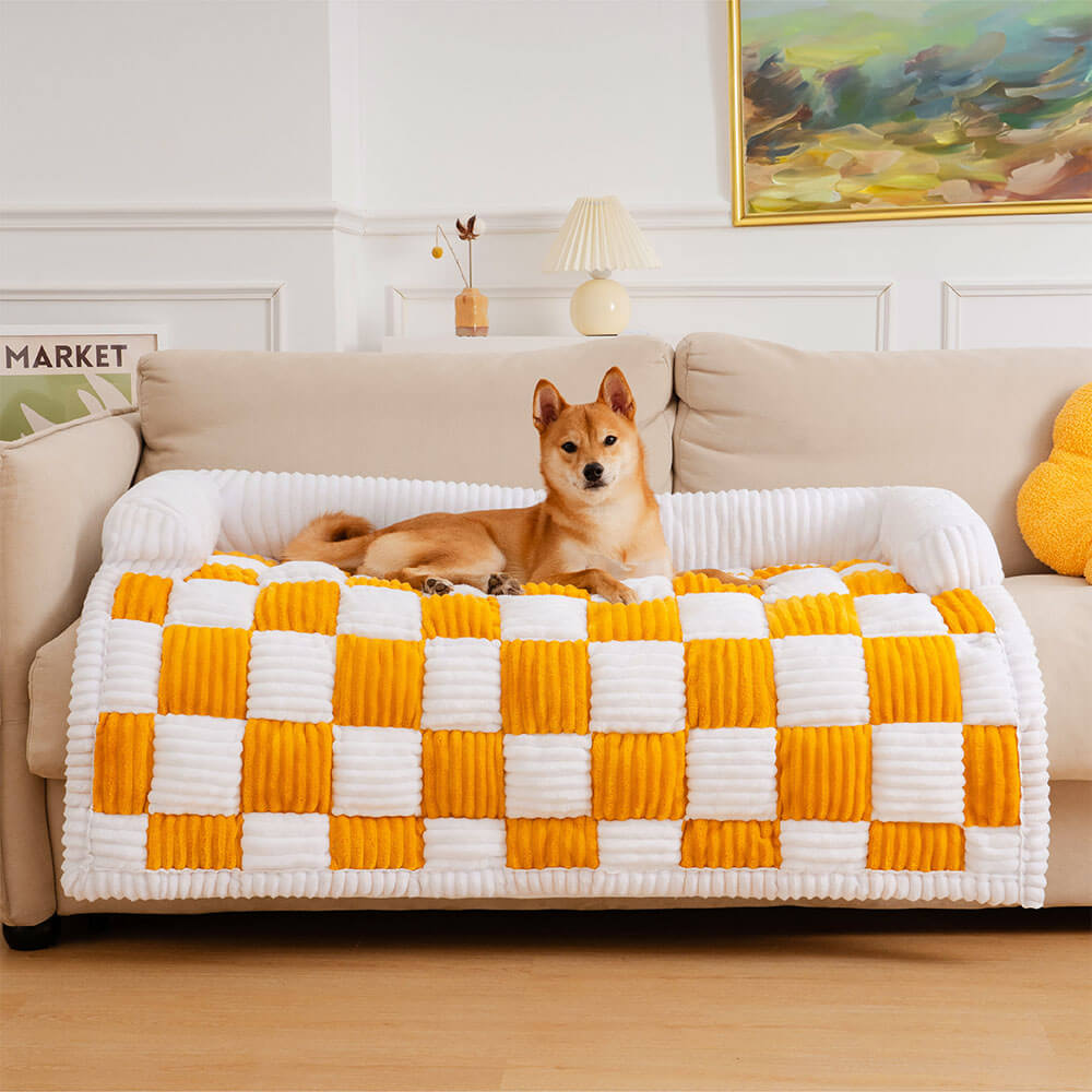 pets : Cream Square Plaid Cozy Dog Mat Furniture Protector Cover in Yellow XL van Pantino