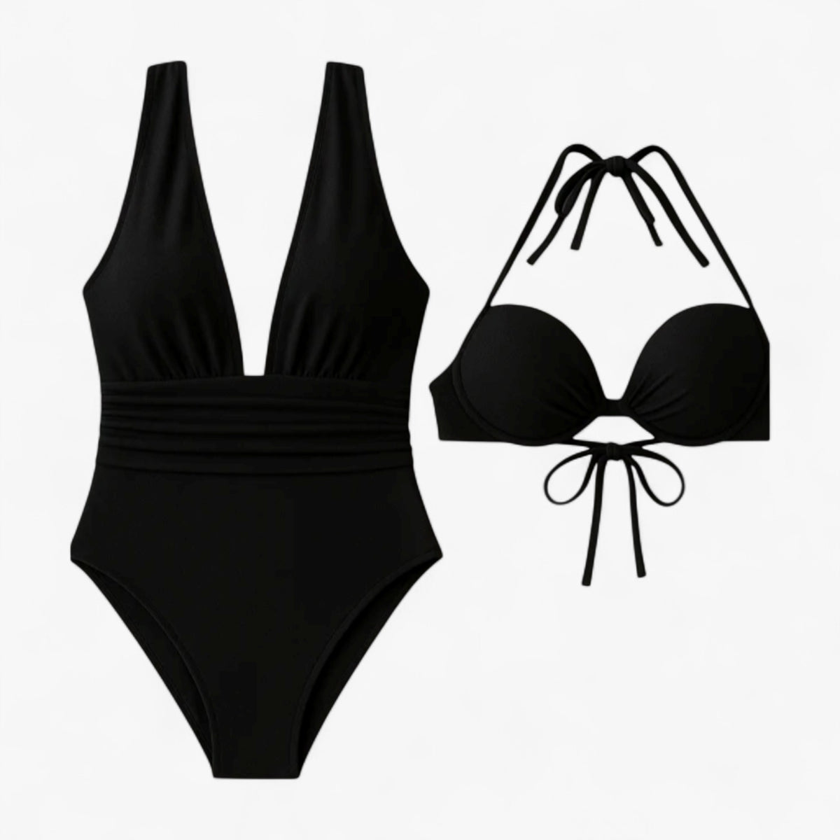 Women Set : Camille | Dames Elegant V-Hals Badpak Zwart in Zwart van Pantino