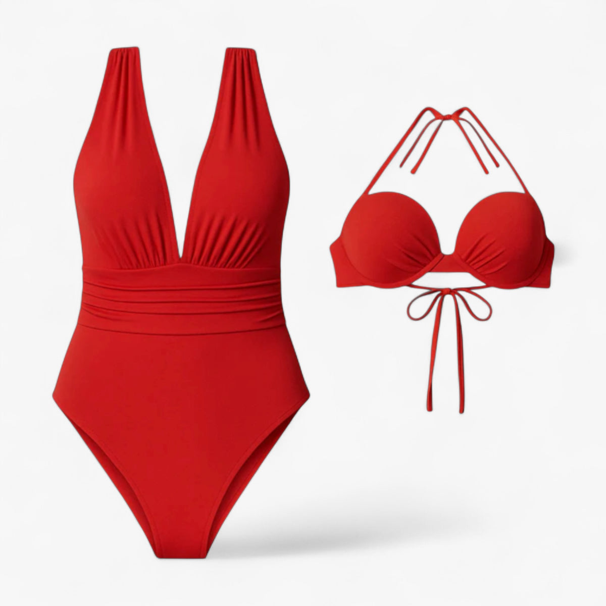 Women Set : Camille | Dames Elegant V-Hals Badpak Zwart in Rood van Pantino