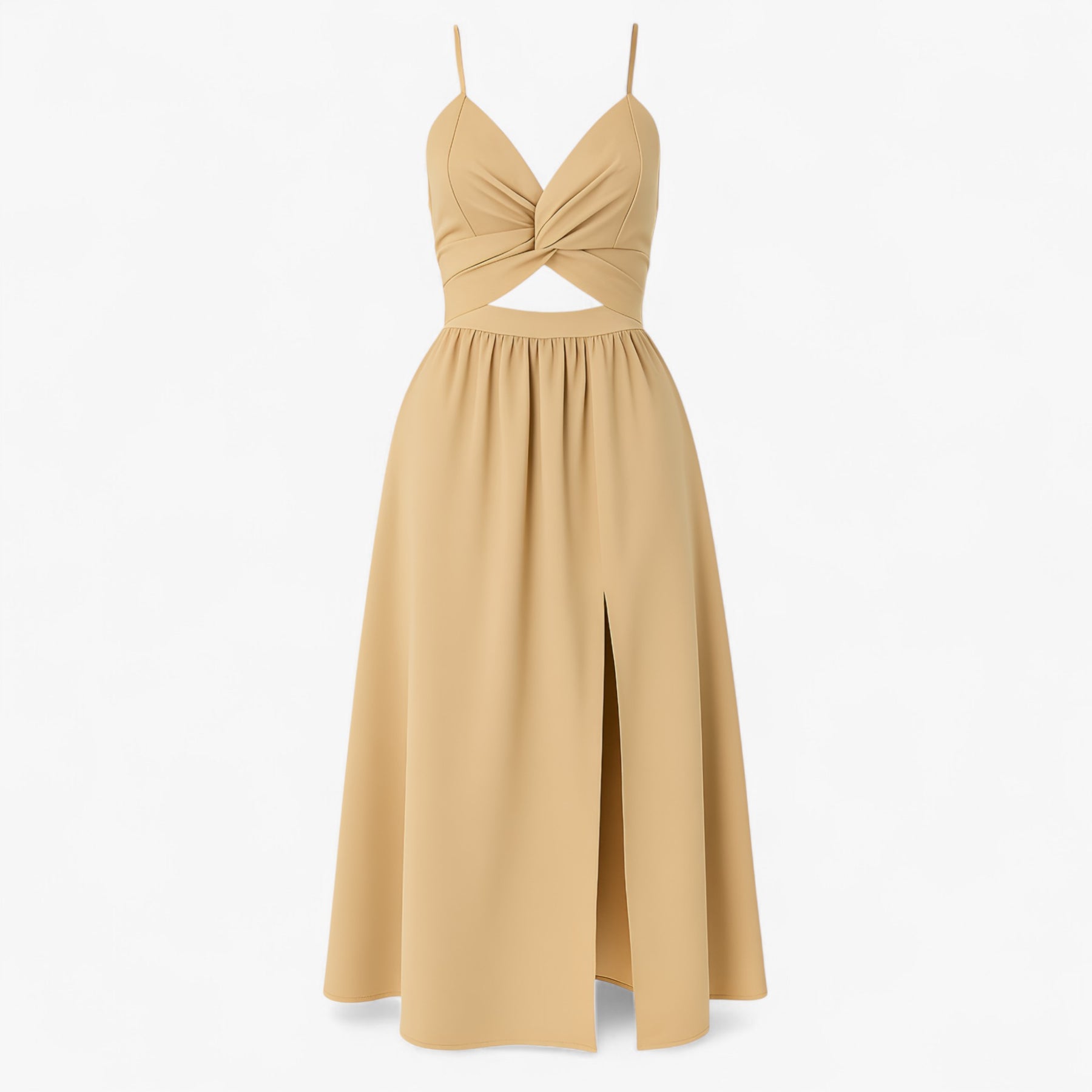 Women's Dress : Jessie | Dames Elegante Midi Jurk met Dunne Bandjes in Kaki van Pantino