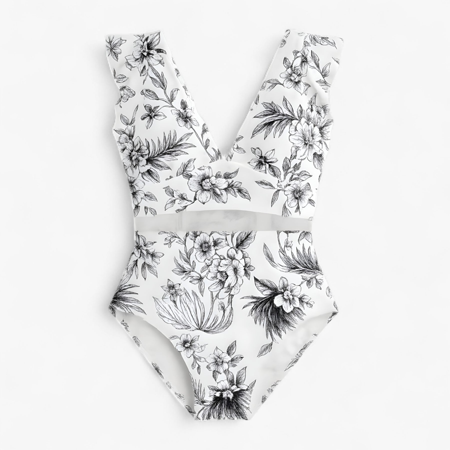 Women's Outfit : Melody | Dames Sexy Badpak met Netdetails in Witte bloemenprint van Pantino