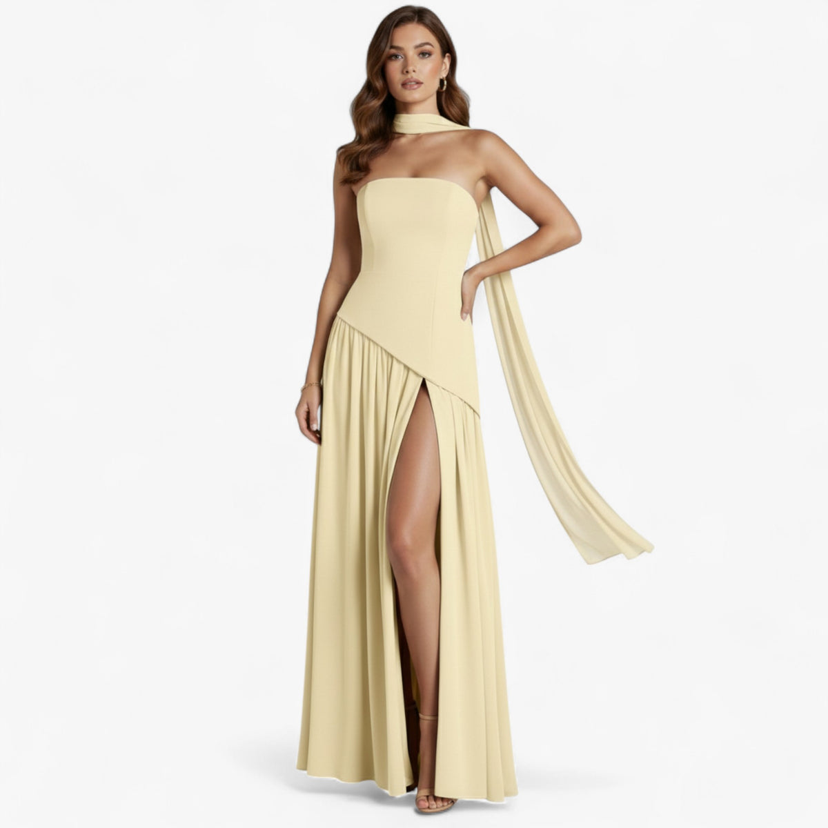 Damesjurken : Bella | Elegante Avond Maxi Jurk met Zijsplit in Geel van Pantino