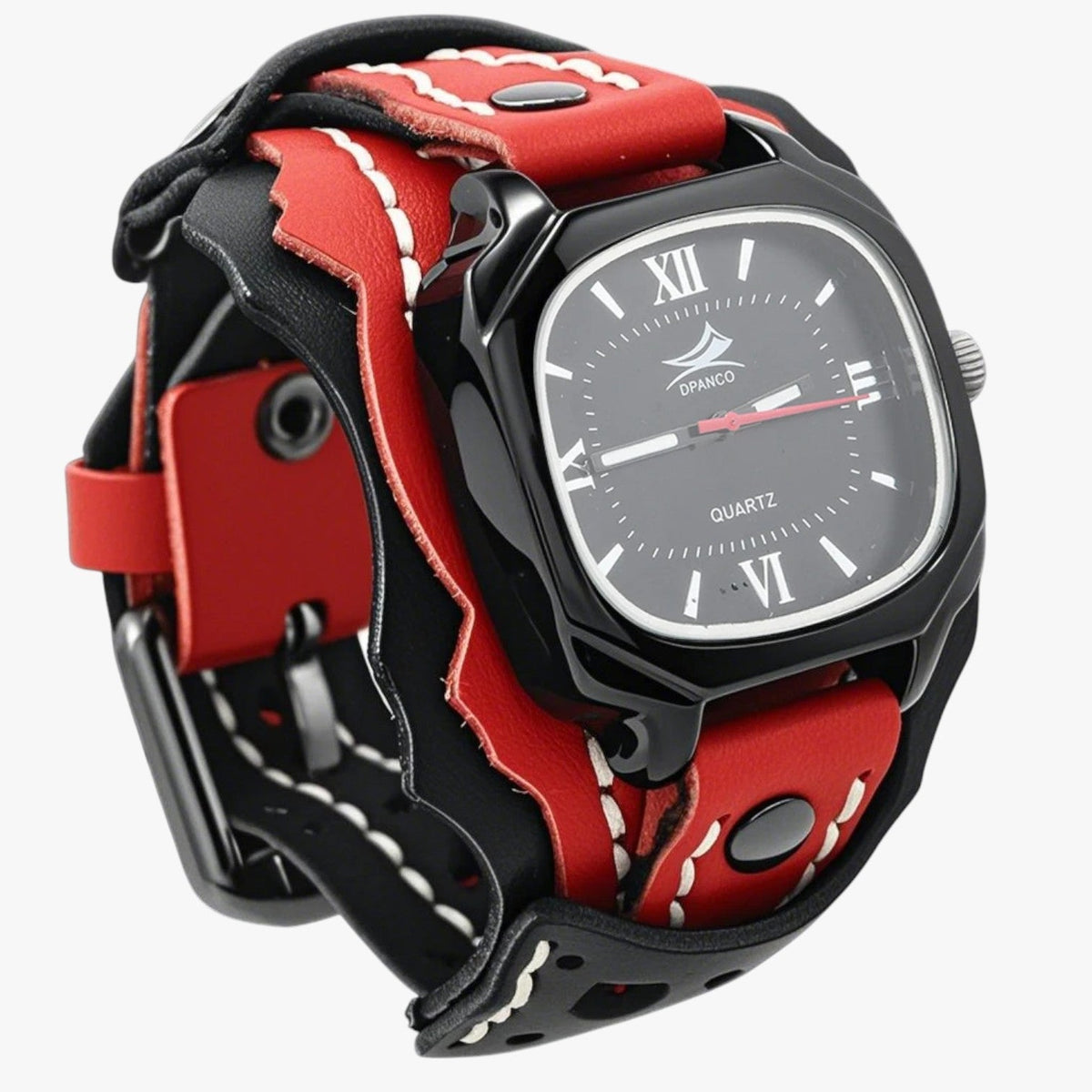 Watches : Alden | Groot Vierkant Herenhorloge met Lederen Band in Rood Zwart van Pantino