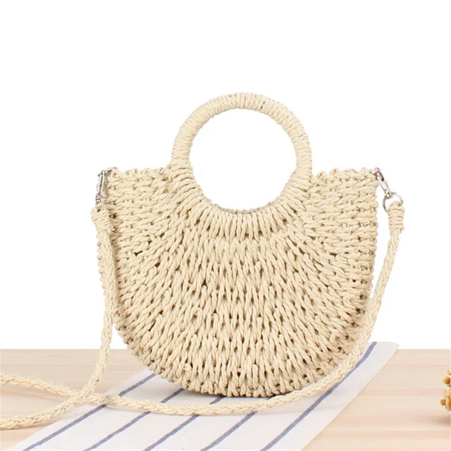 bags : LINA - Handgeweven Stro Crossbody Tas met Half Rond Ontwerp voor Vrouwen in Beige 25cm*14cm van Pantino