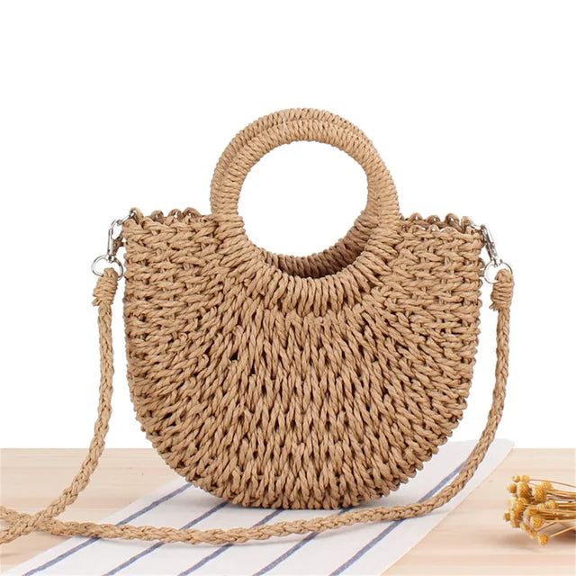 bags : LINA - Handgeweven Stro Crossbody Tas met Half Rond Ontwerp voor Vrouwen in Khaki 25cm*14cm van Pantino