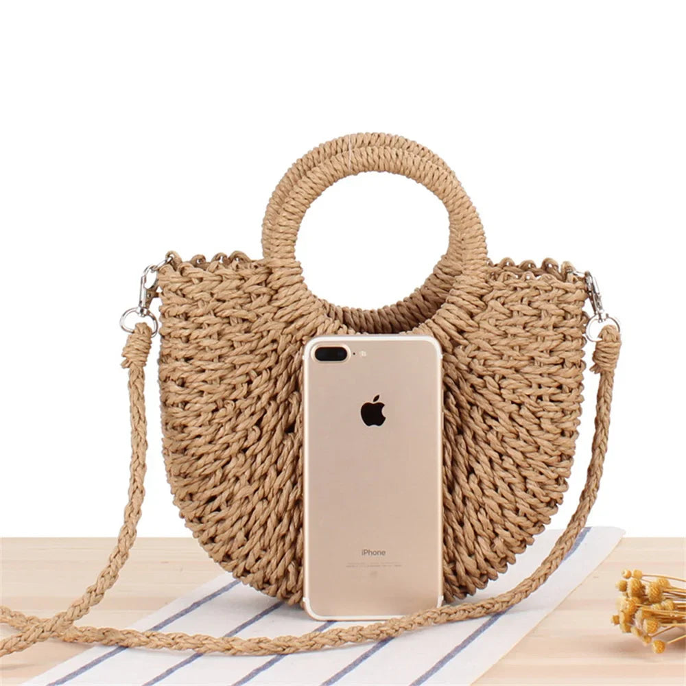bags : LINA - Handgeweven Stro Crossbody Tas met Half Rond Ontwerp voor Vrouwen in van Pantino