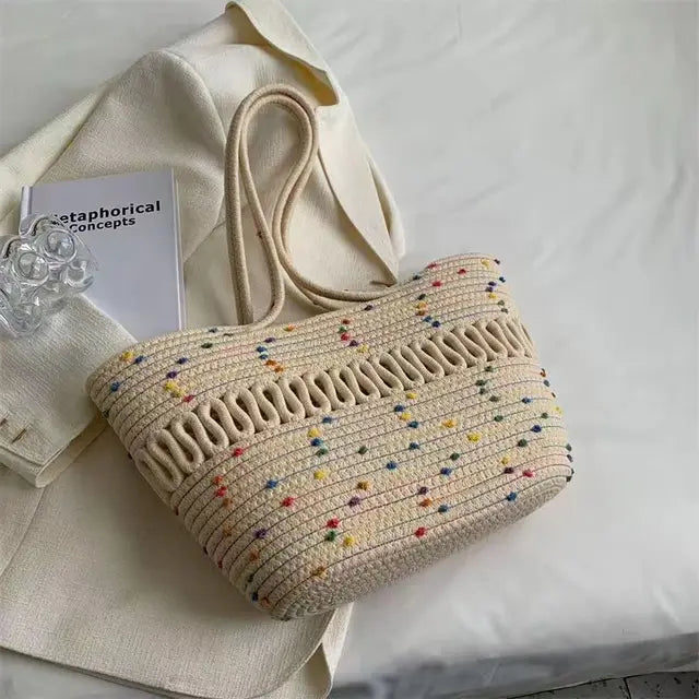 bags : KORNELIA - Dames Schoudertas met Grote Capaciteit Handgemaakt van Breipakket Stof en Stro in Beige van Pantino