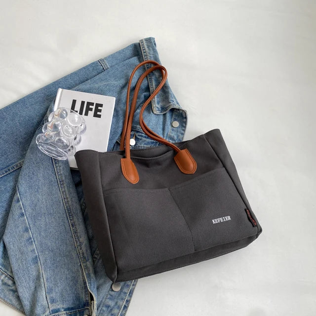 bags : JOSEPHINA - Grote Capaciteit Dames Canvas Handtas met PU Leren Band in Zwart van Pantino