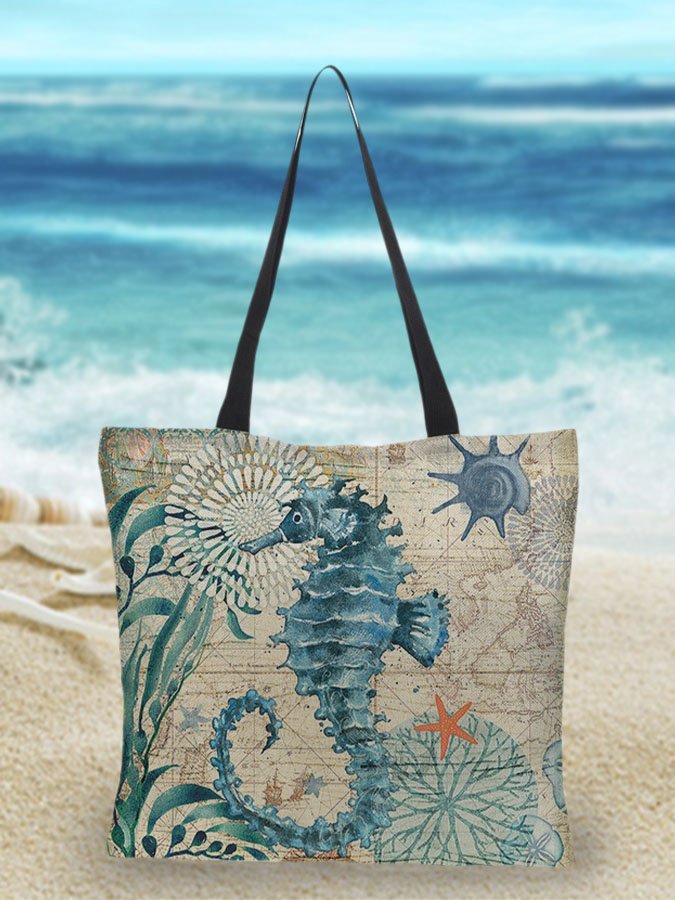 bags : Linnen Strandtas Met Zeeprint in Zeepaard van Pantino
