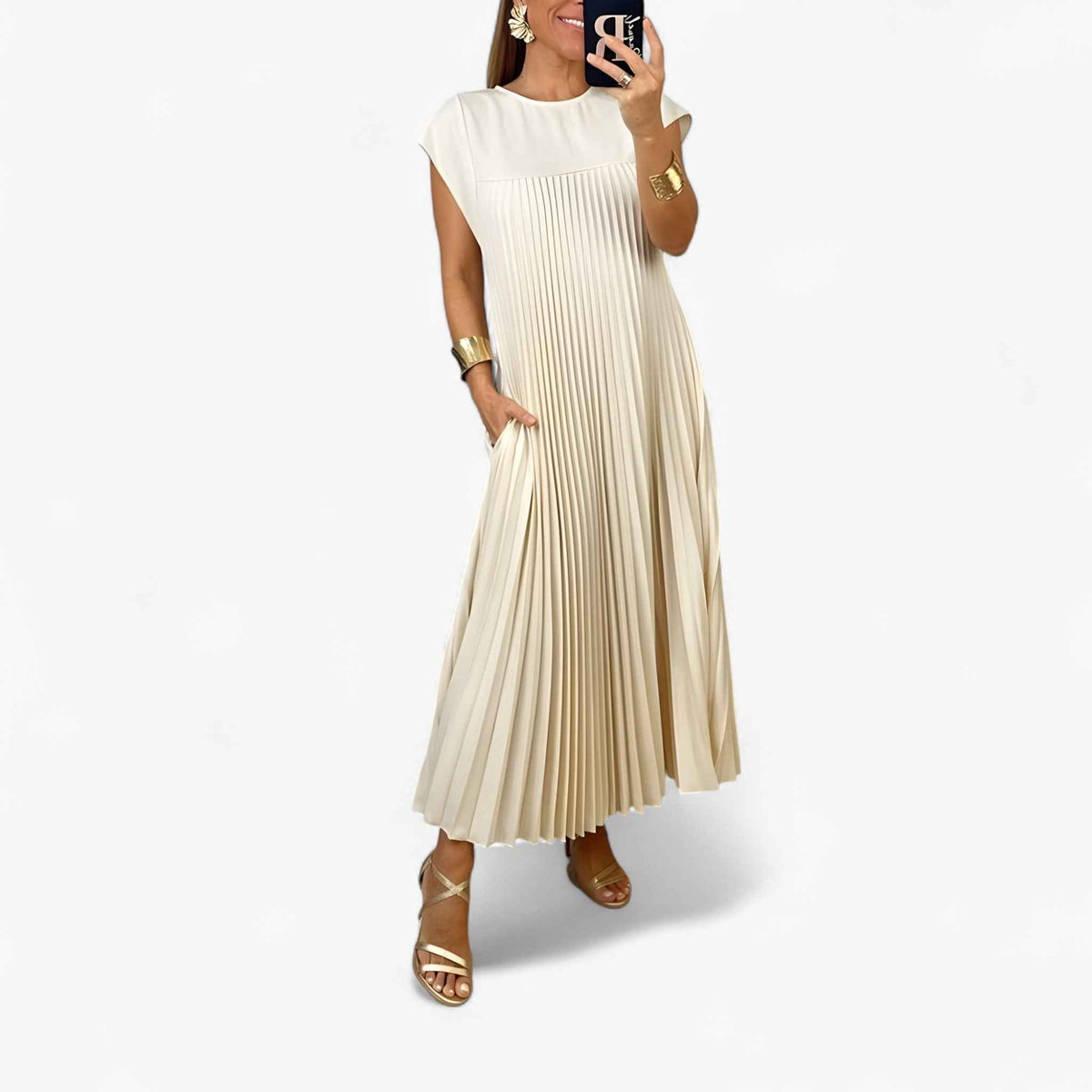 Jurken : Aduana | Mouwloze Elegante Jurk voor Dames in Beige van Pantino