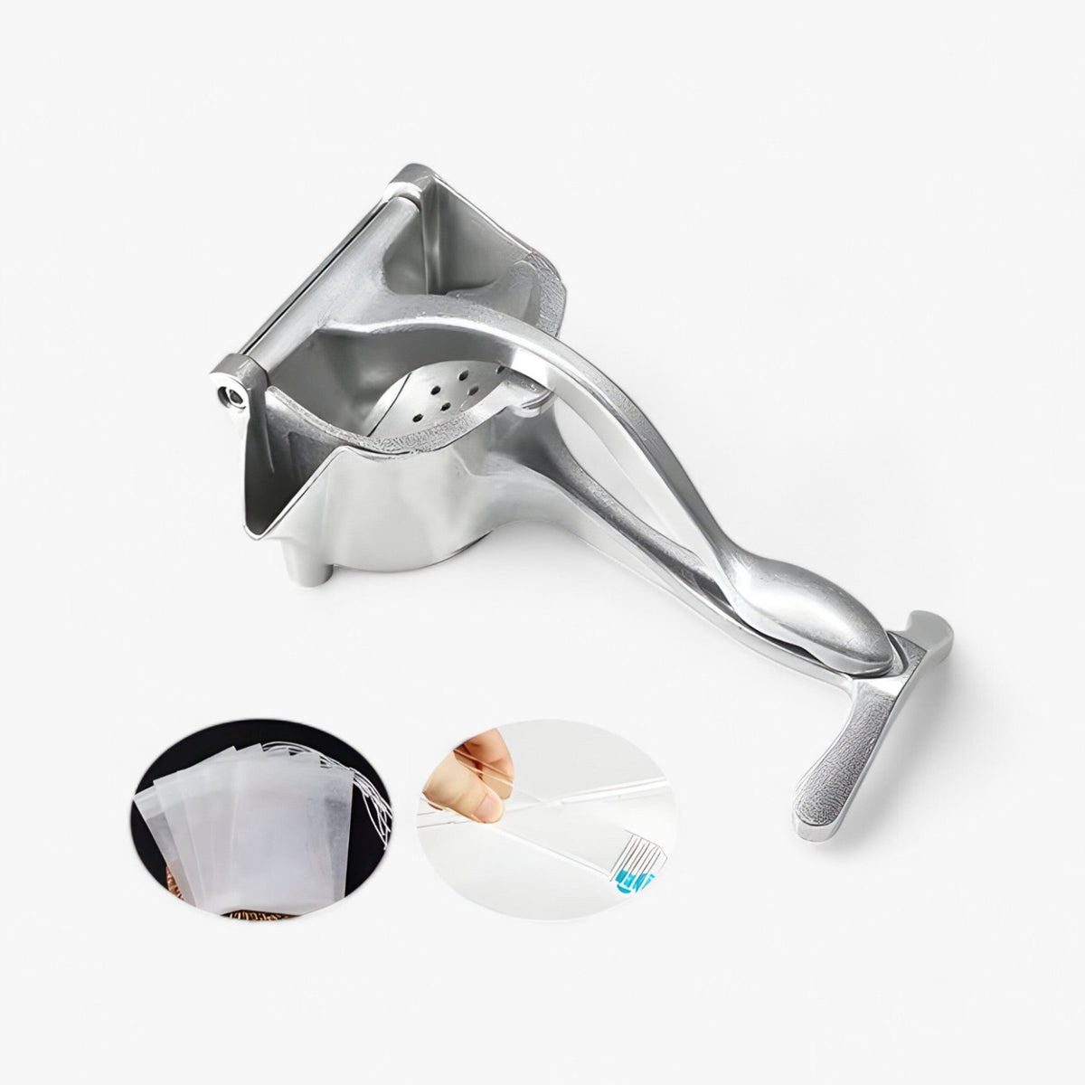 home & garden : CitrusPro | Ensemble Perssysteem - Handpers van Aluminiumlegering voor Citrusvruchten & Granaatappels in Citruspers met doos en 50 filterzakjes en 1 tang van Pantinoshop