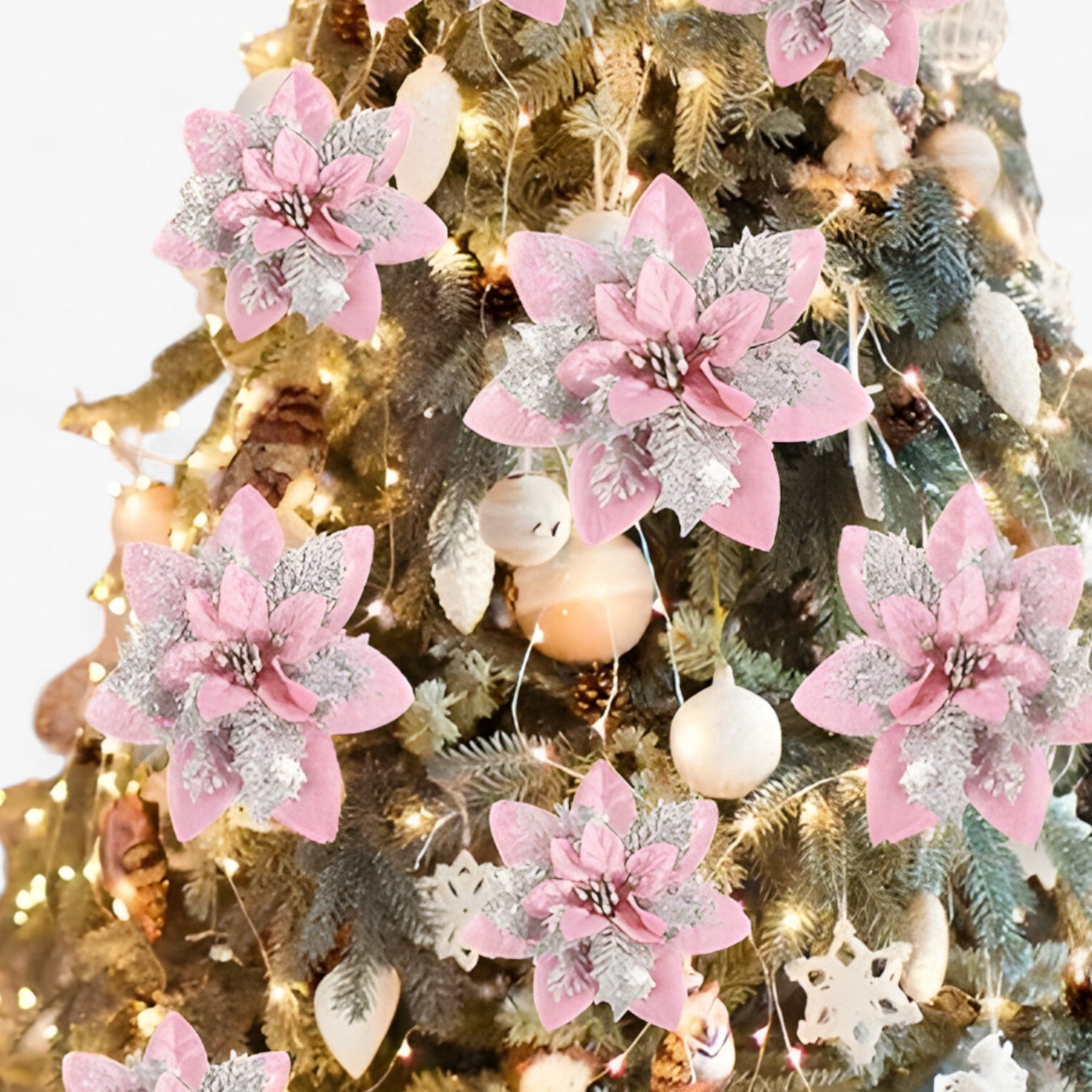 home & garden : Rosie | 5/10 stuks glitterende kerstbloemen - sprankelende boomversieringen in van Pantino
