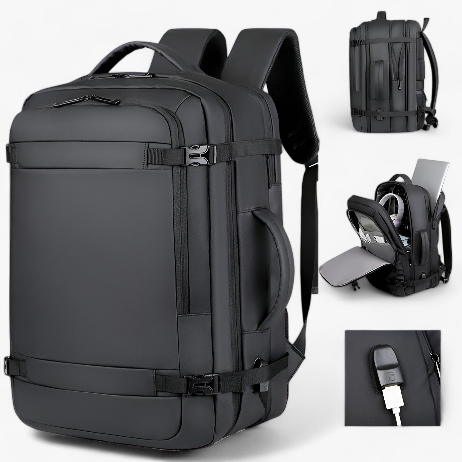bags : Finn | Reisrugzak met USB in Expande Zwart 18inch(32x46x15)cm van Pantinoshop