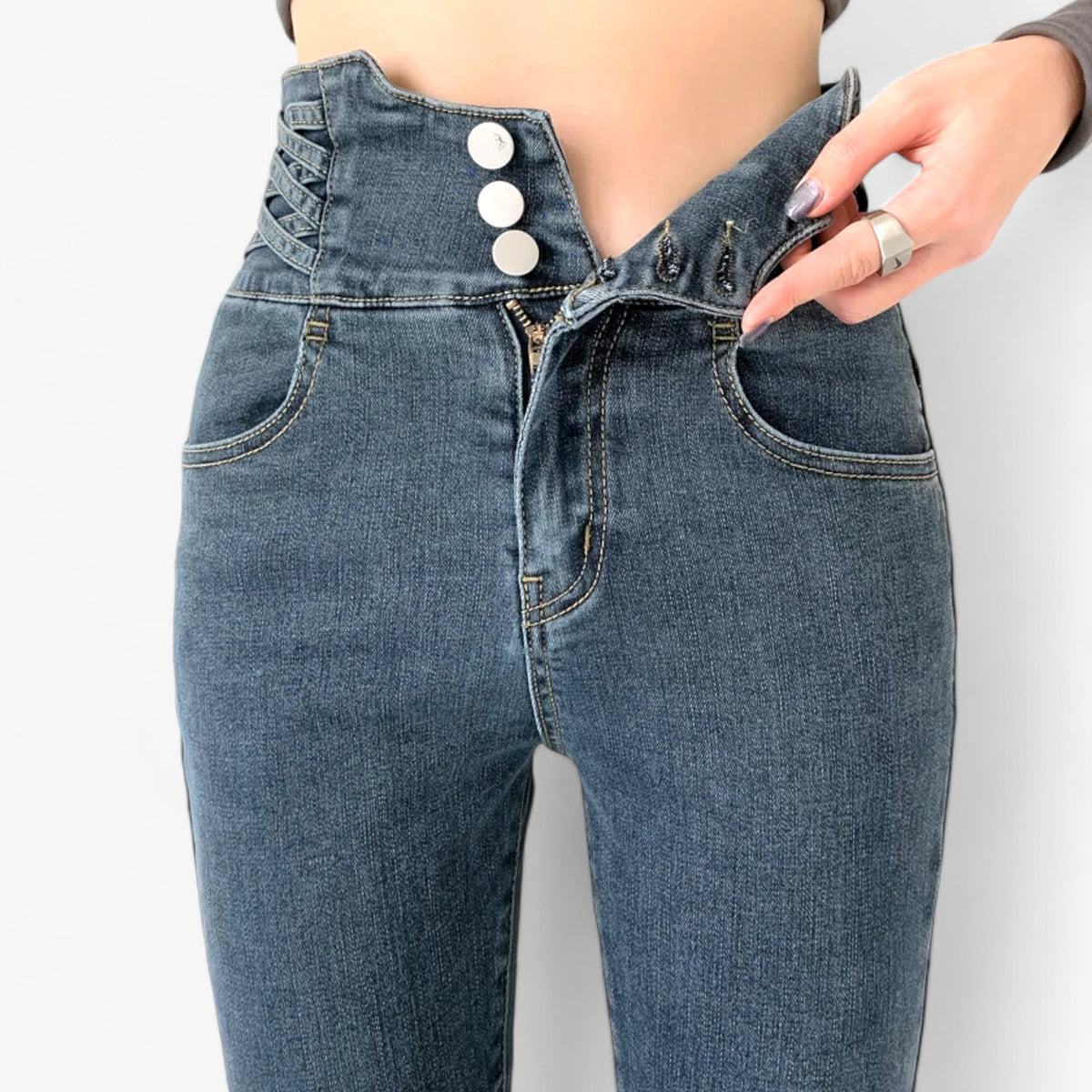 men's fashion : Nina | Skinny Koker Jeans - Slanke stretch voor een flatterende pasvorm in Blauw Grijs 3 Knoppen van Pantino