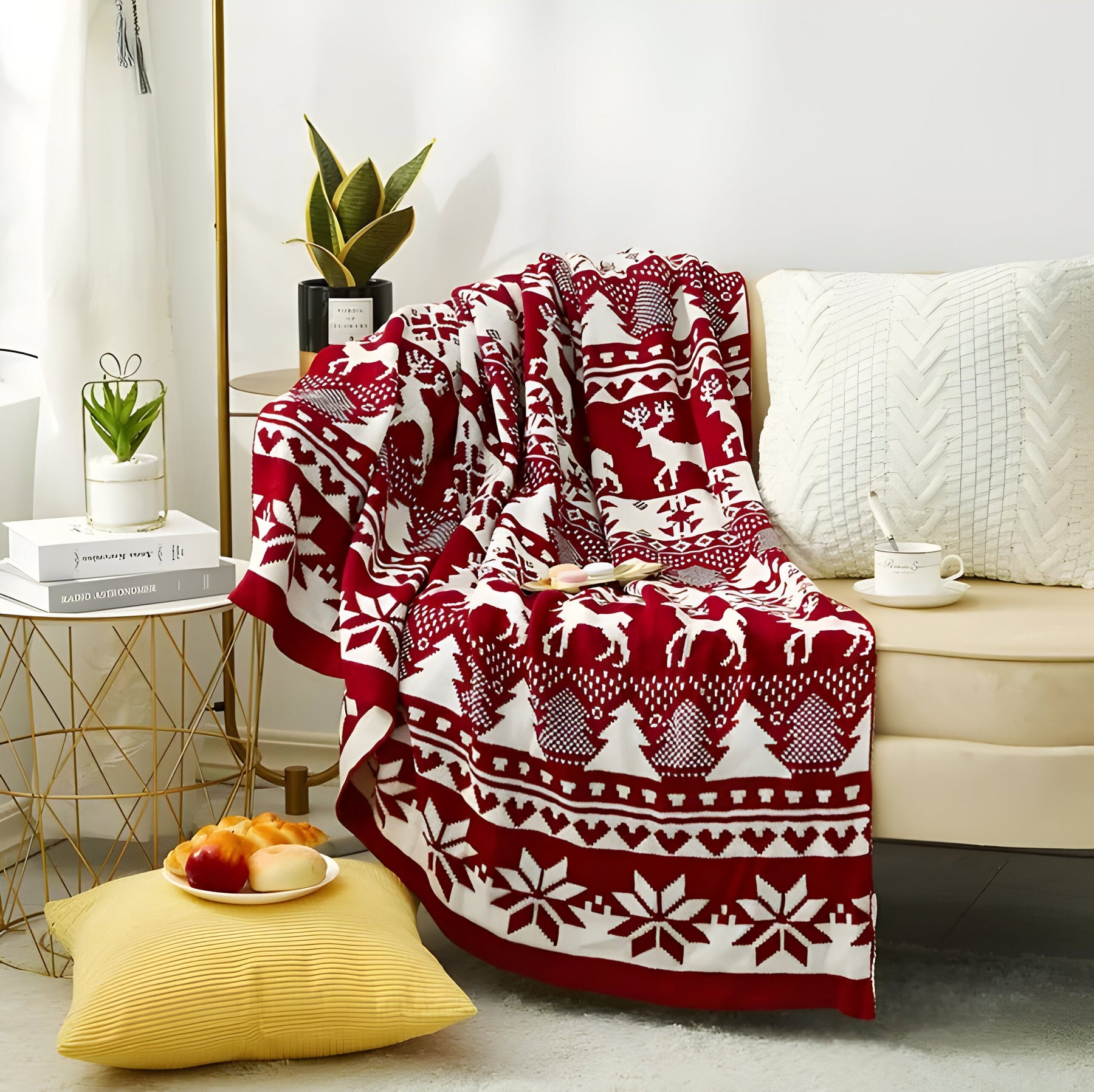 home & garden : Nordy gebreide deken met Scandinavische kerststreep - Knusse plaid voor thuis en op kantoor in Rood 120x150cm van Pantino