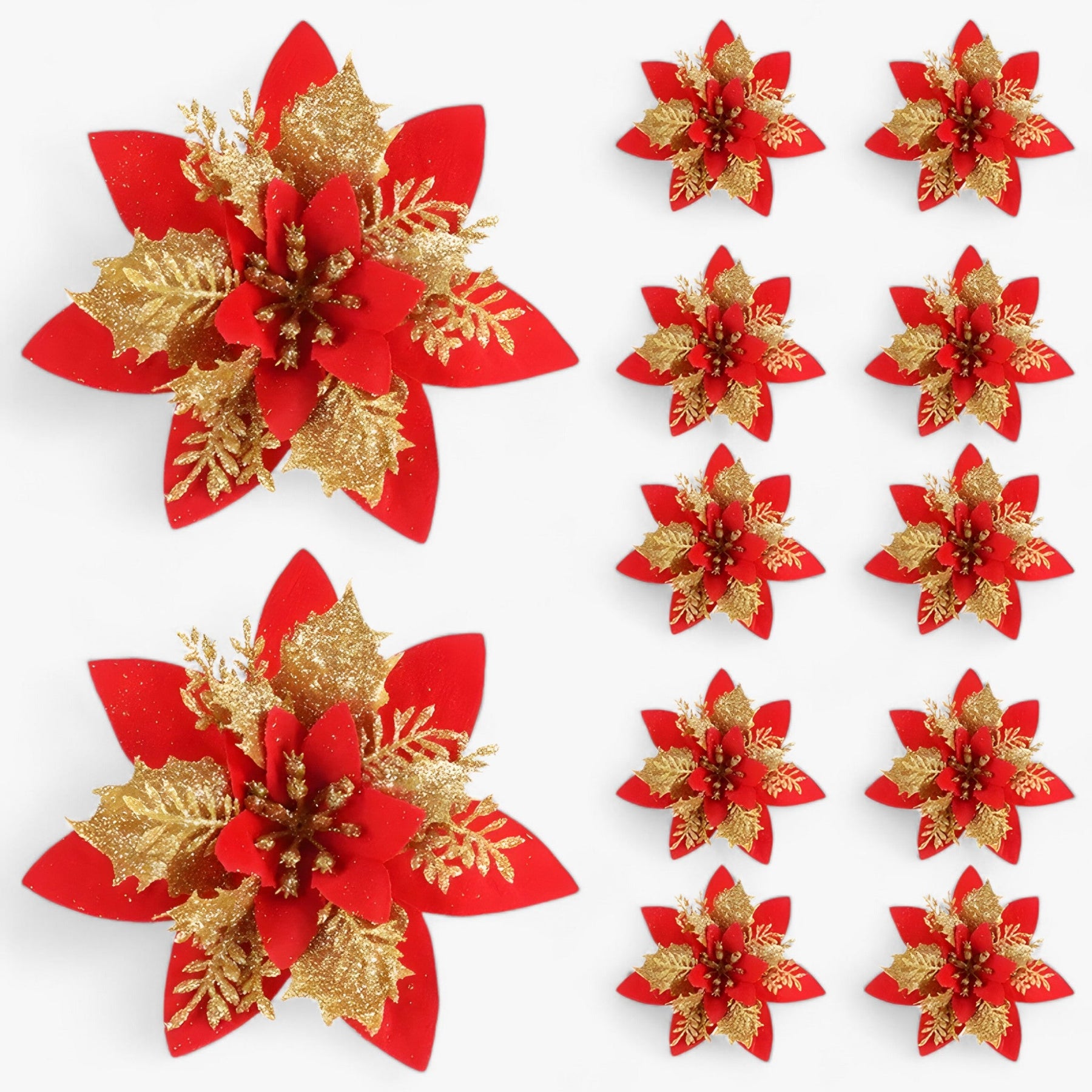 home & garden : Rosie | 5/10 stuks glitterende kerstbloemen - sprankelende boomversieringen in Rood Goud van Pantino