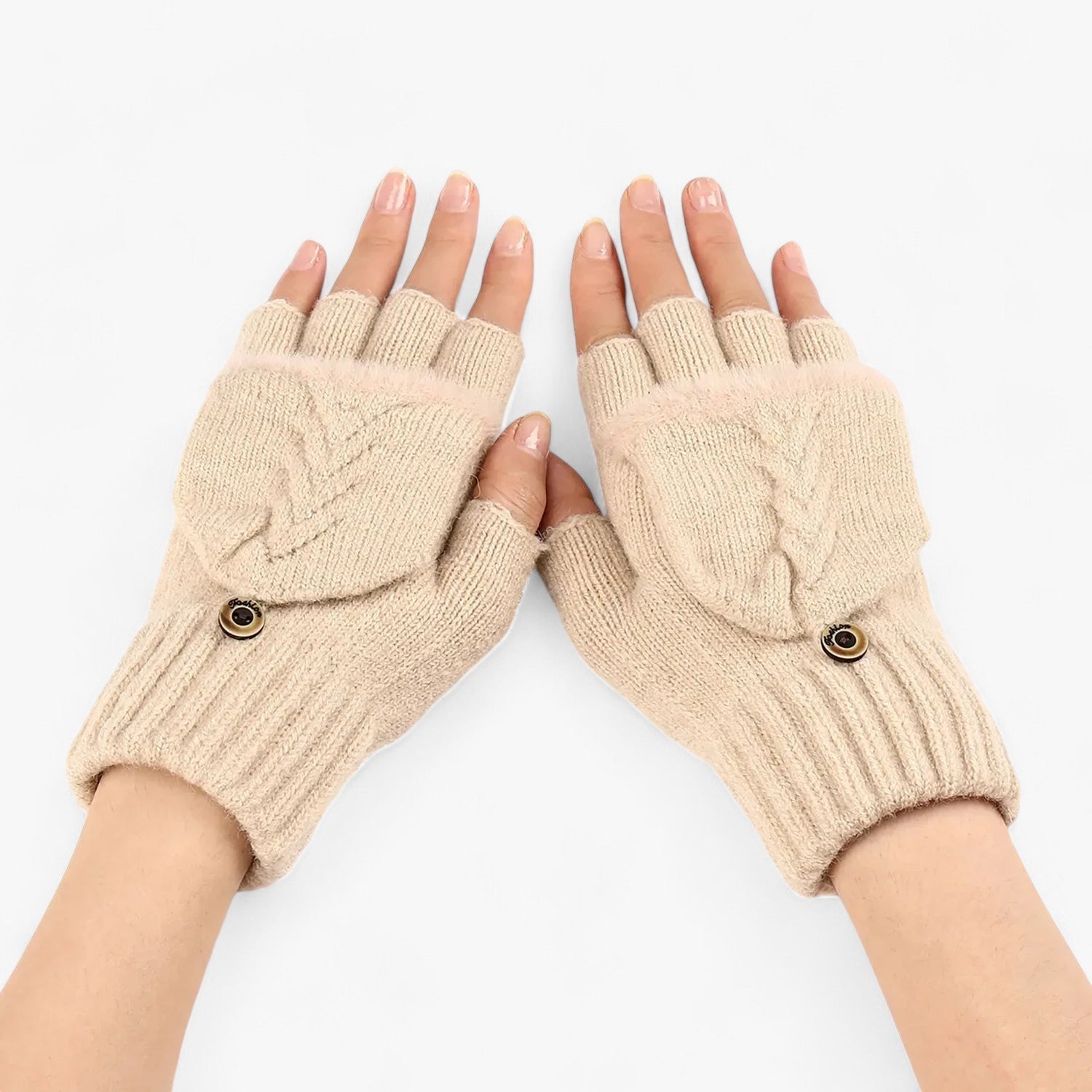 Harper | Dikke omgeslagen gebreide handschoenen voor dames - voor koud weer - €25 : Harper | Dikke omgeslagen gebreide handschoenen voor dames - voor koud weer in Beige Één maat van Pantinoshop