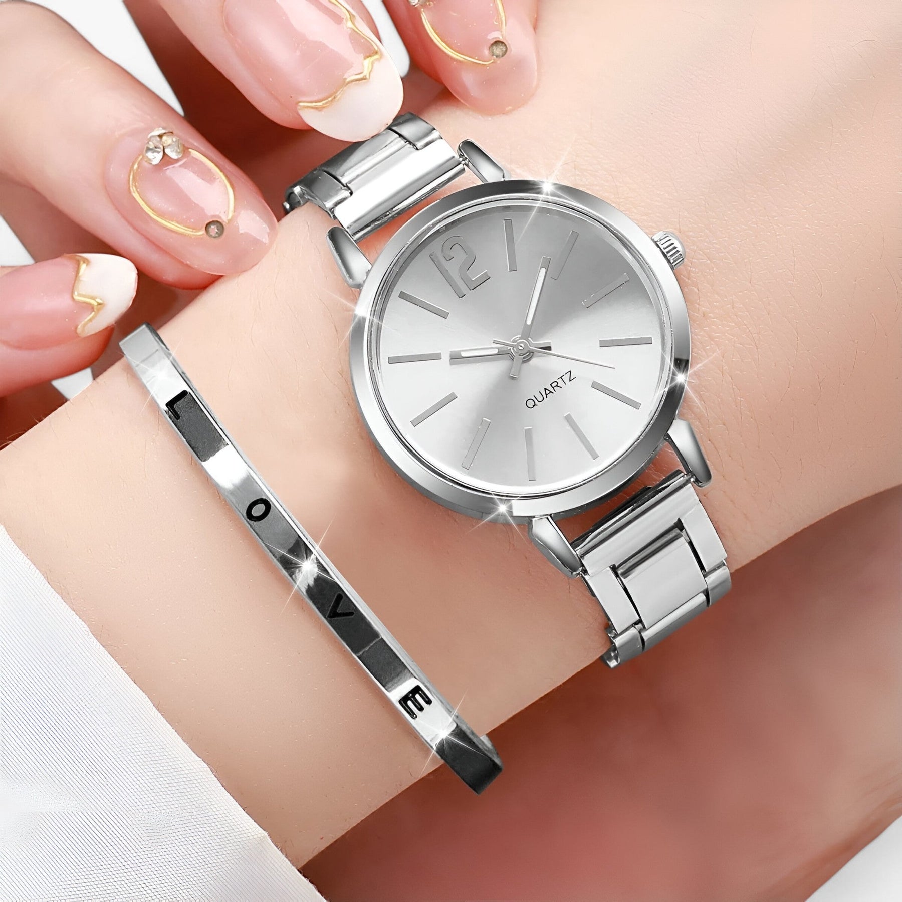 watches : Lorena | Elegant Dameshorloge Set – Stilet Roestvrij Staal & Armband in Zilver van Pantino