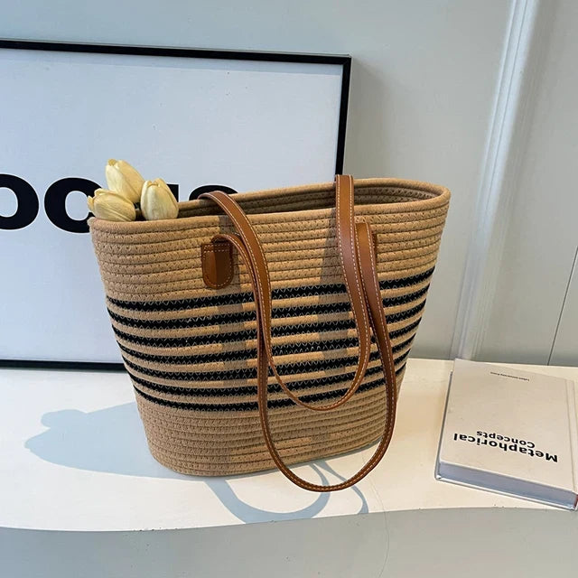 bags : HENDRIKA - Gestreept Ontwerp Grote Capaciteit Stro strand Tas in Khaki van Pantino