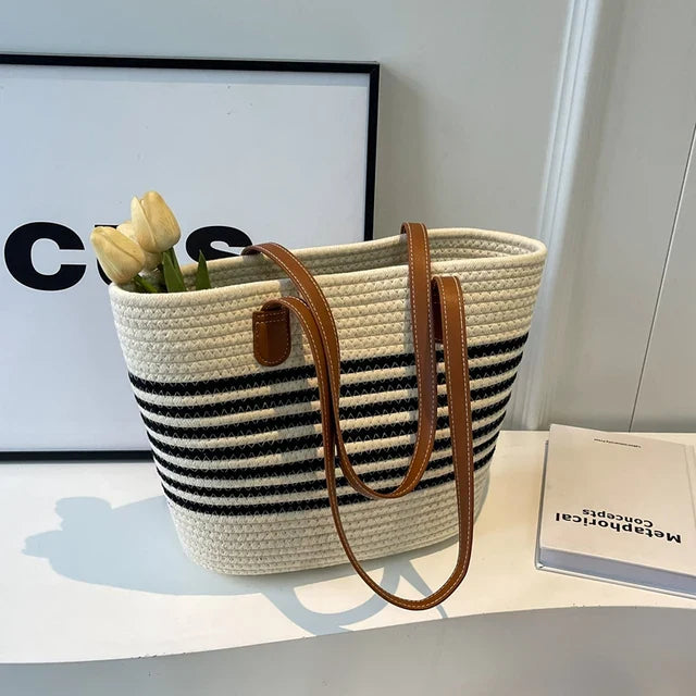bags : HENDRIKA - Gestreept Ontwerp Grote Capaciteit Stro strand Tas in Beige van Pantino