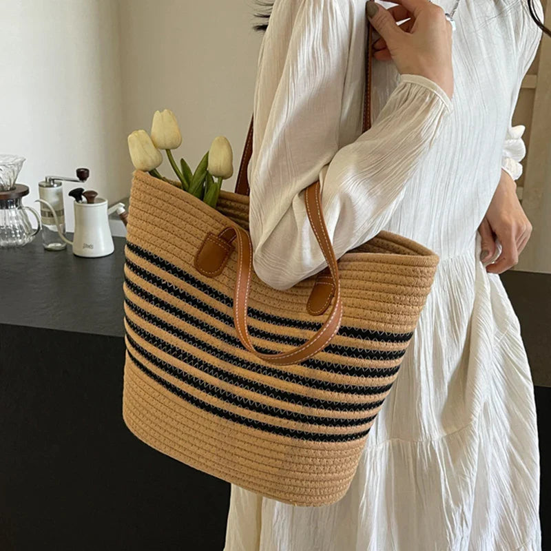 bags : HENDRIKA - Gestreept Ontwerp Grote Capaciteit Stro strand Tas in van Pantino