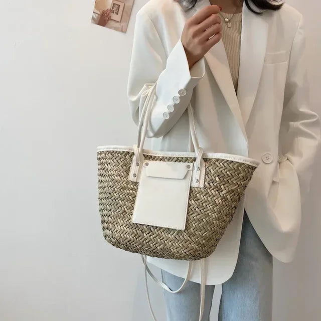bags : JOHANNA - Grote zomerse handgemaakte strandtas voor vrouwen in Wit 46x13.5x25cm van Pantino