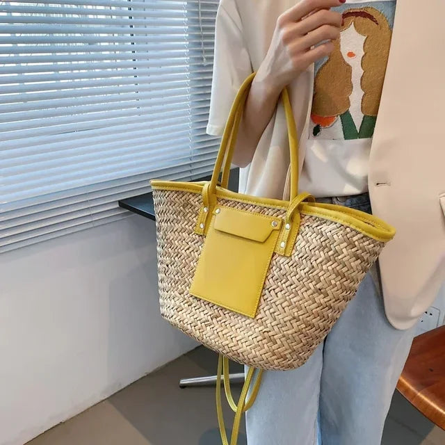 bags : JOHANNA - Grote zomerse handgemaakte strandtas voor vrouwen in Geel 46x13.5x25cm van Pantino