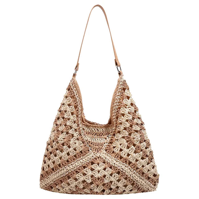 bags : WILLEMIJN - Boheemse Handgemaakte Schoudertas van Stro voor Dames in Khaki 34cmx35cmx1cm van Pantino