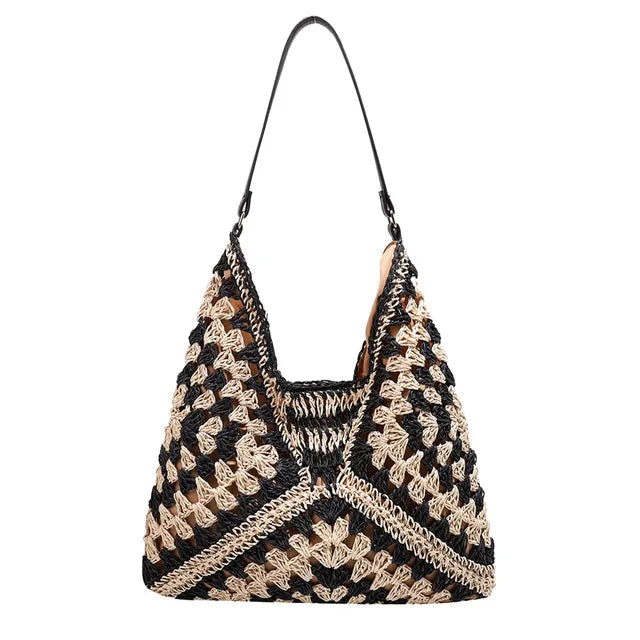 bags : WILLEMIJN - Boheemse Handgemaakte Schoudertas van Stro voor Dames in Zwart 34cmx35cmx1cm van Pantino