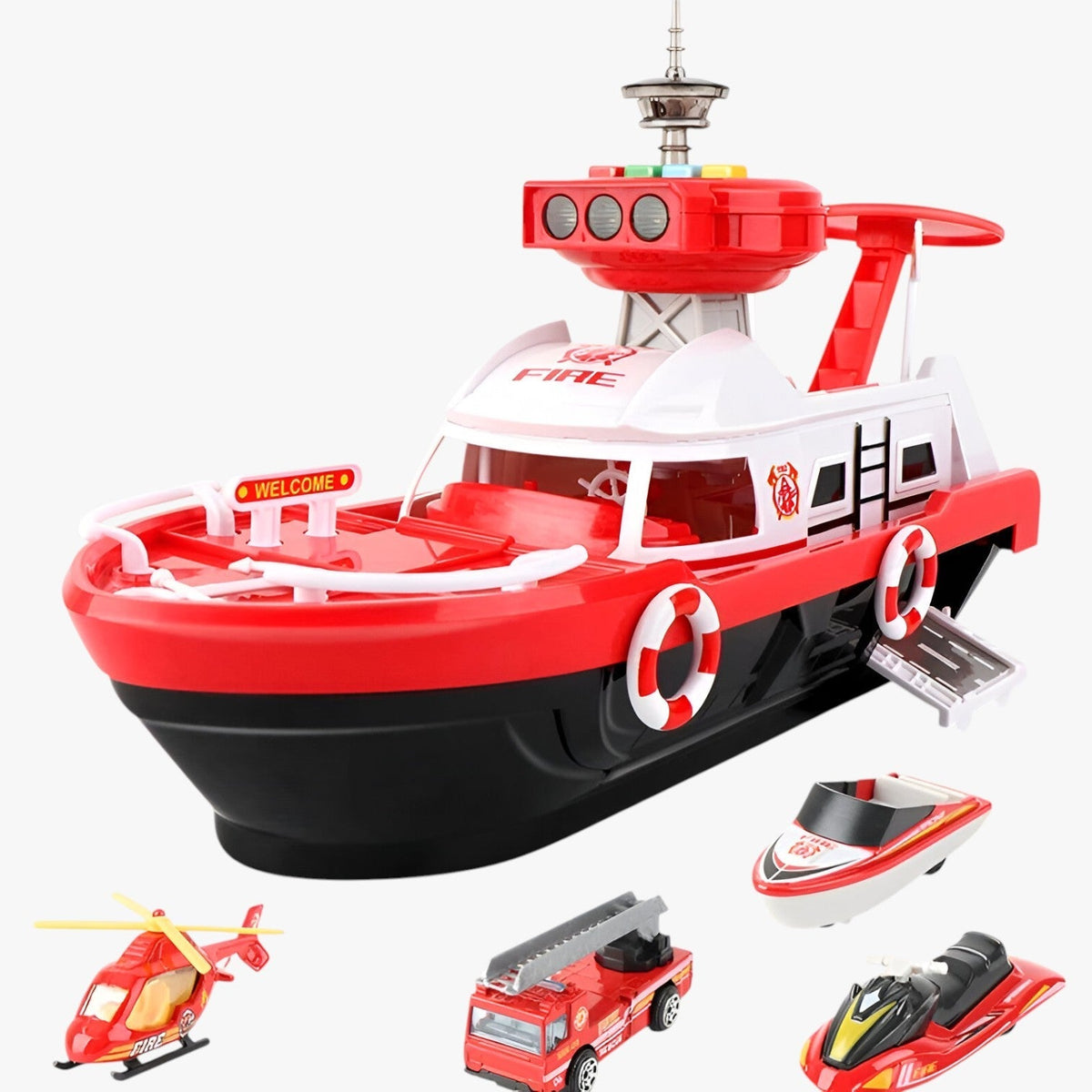 Drew | Lichtgevende muziekauto voor jongens met inertieaandrijving - €25 : Drew | Lichtgevende muziekauto voor jongens met inertieaandrijving in Rode boot met 4 auto's van Pantinoshop