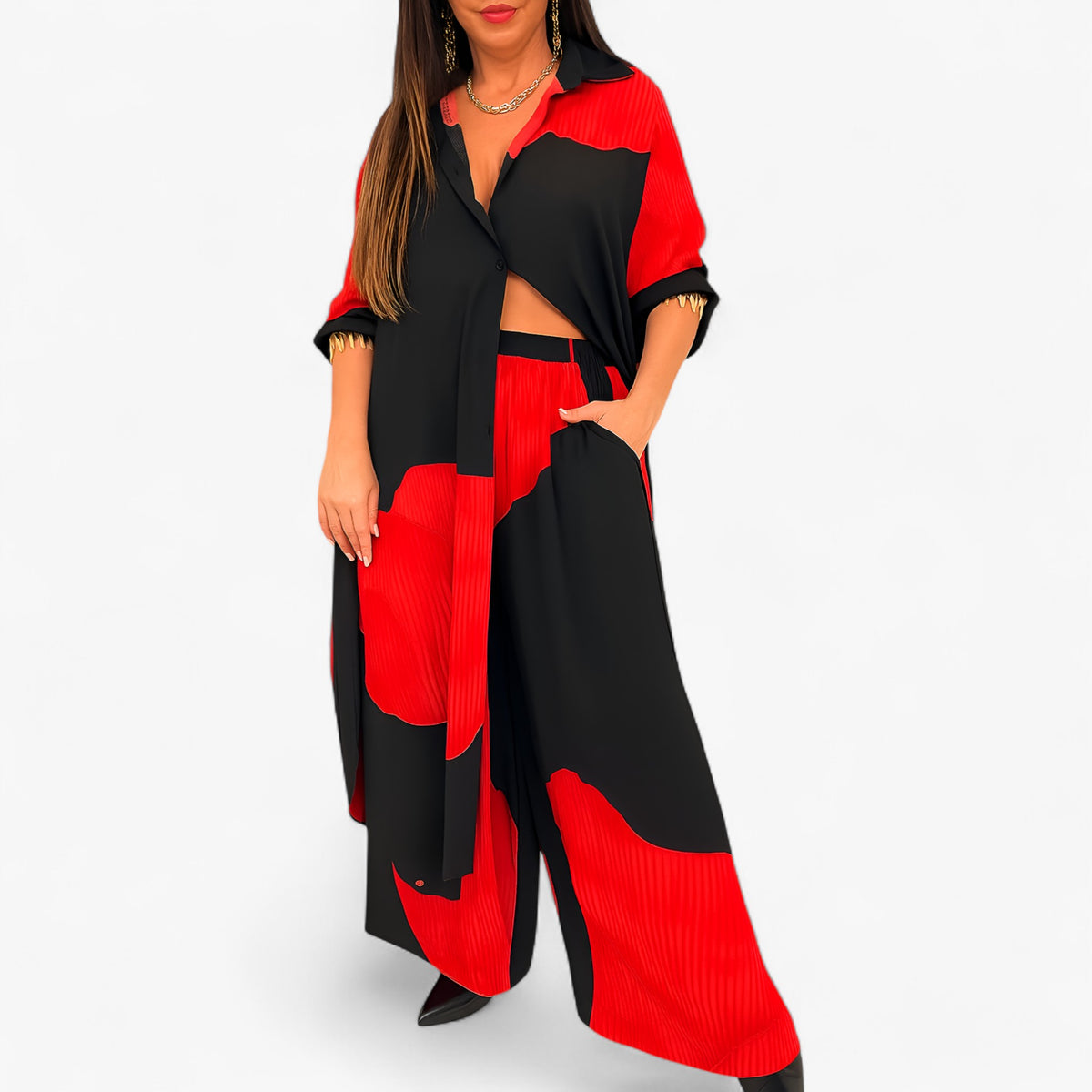 Women Dress : Amelia | Vrouwen's Elegante Camisa en Pantalon Set in Rood-Zwart van Pantino