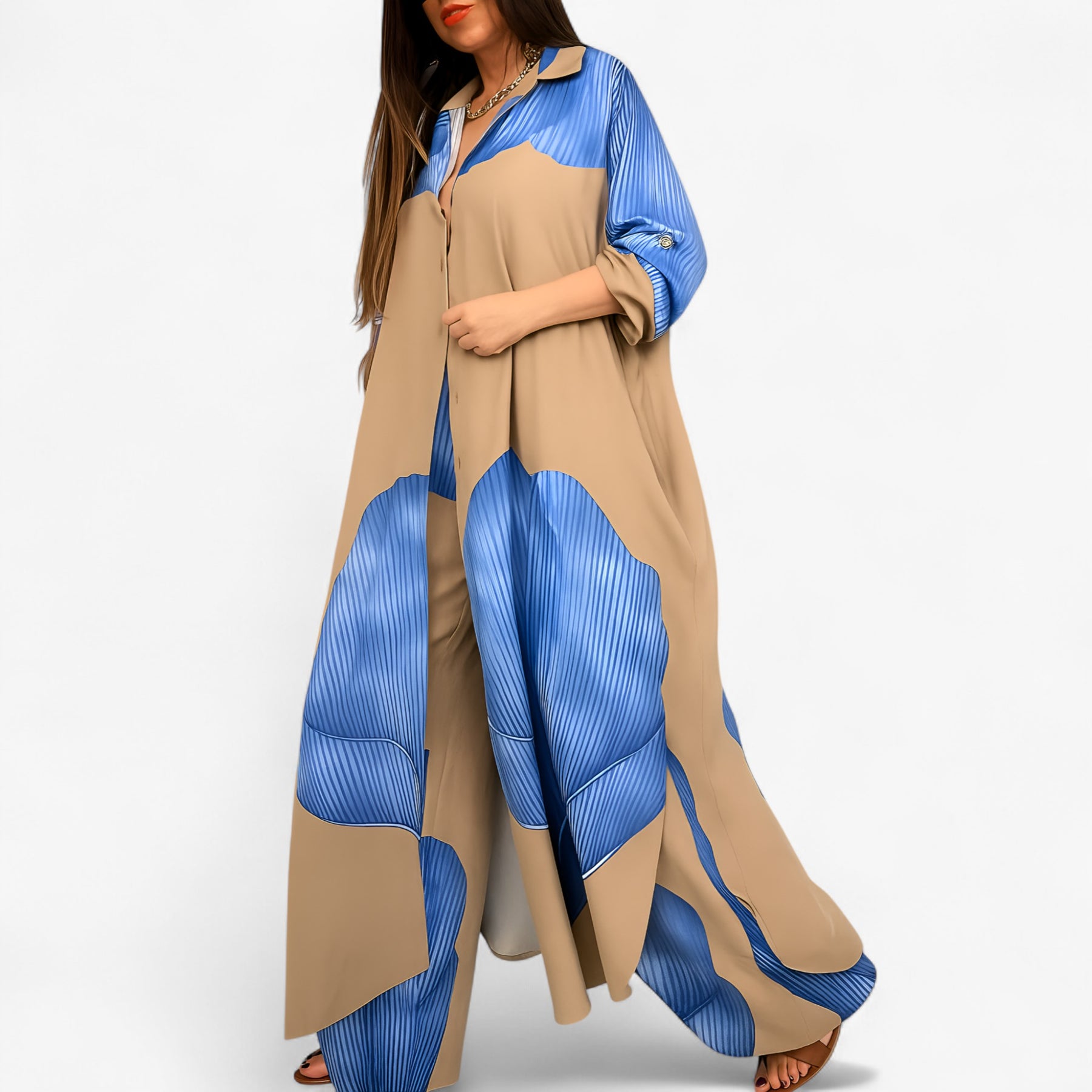 Women Dress : Amelia | Vrouwen's Elegante Camisa en Pantalon Set in Blauw-Khaki van Pantino