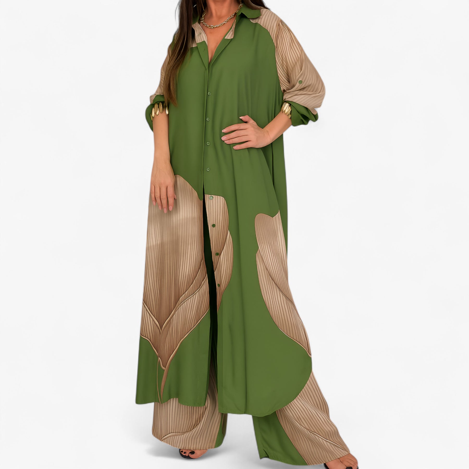 Women Dress : Amelia | Vrouwen's Elegante Camisa en Pantalon Set in Groen-Khaki van Pantino
