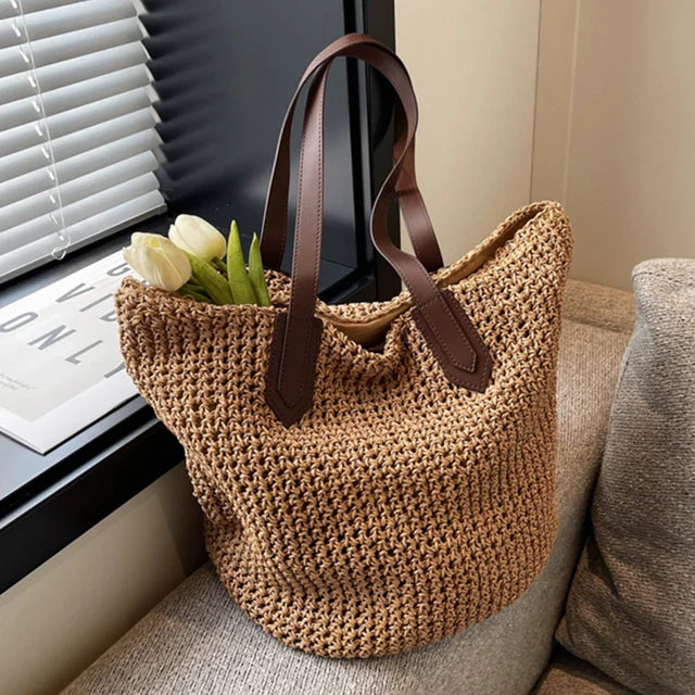 bags : MARIA - Dames Bohemian Stro Grote Geweven Schoudertas in Bruin van Pantino