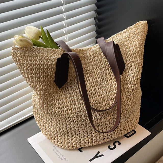 bags : MARIA - Dames Bohemian Stro Grote Geweven Schoudertas in Beige van Pantino