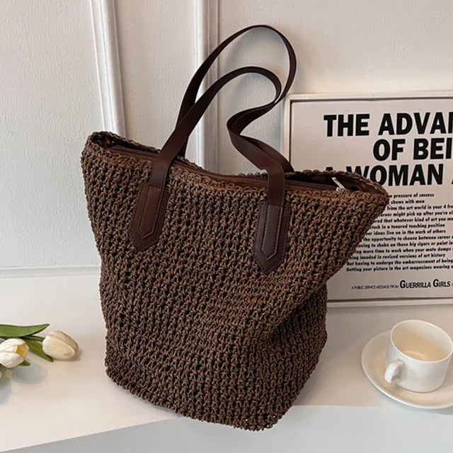 bags : MARIA - Dames Bohemian Stro Grote Geweven Schoudertas in Koffie van Pantino