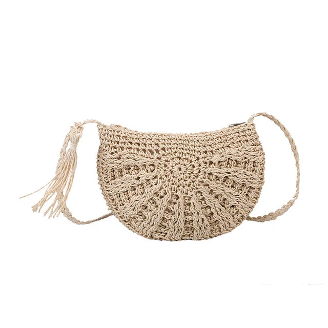bags : JOLANDA - Bohemian Handgeweven Halfronde Stro Crossbody Tas in Beige van Pantino