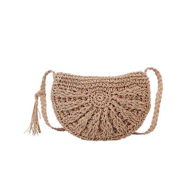bags : JOLANDA - Bohemian Handgeweven Halfronde Stro Crossbody Tas in Khaki van Pantino