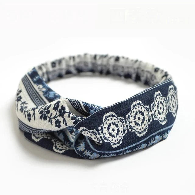accessories : Bohemian Print Hoofdband Vintage Bandana in Donkerblauw Wit van Pantino