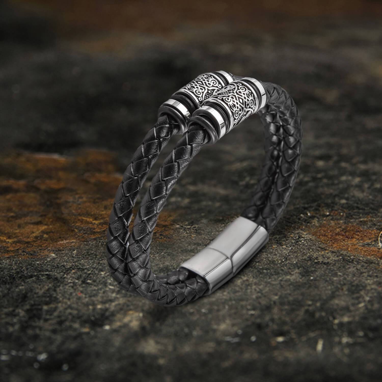 accessories : Classic Braided Stainless Steel Leather Bracelet in van Pantino
