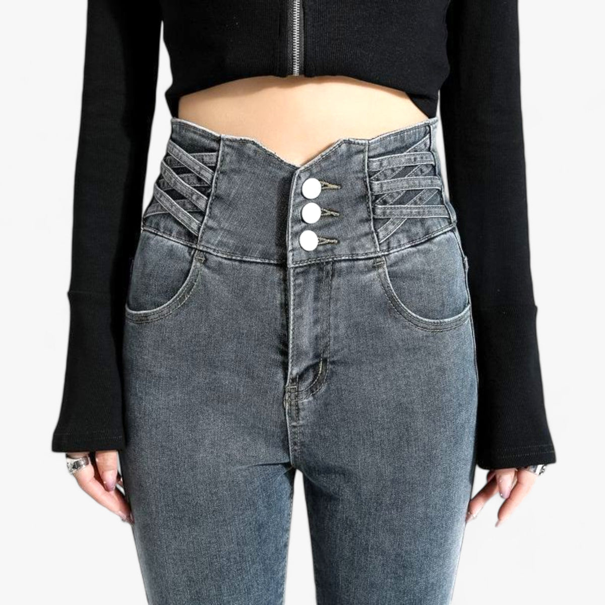 men's fashion : Nina | Skinny Koker Jeans - Slanke stretch voor een flatterende pasvorm in Grijs 3 Knoppen van Pantino